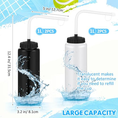 Domensi 4 Pack 32 oz Hockey Sports Water Bottle with Long Straw Easy Squeeze Plastic Bottle Helmet Friendly for Sport Hockey Football Lacrosse(Black/translucent,Classic) - color: Black/translucent