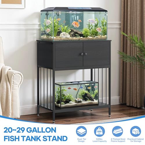 20-29 Gallon Aquarium Stand Metal Frame Fish Tank Stand with Cabinet Storage,for 20 Gallon Long Aquarium,29.5" L*16.5" W Tabletop,500LBS Capacity,Black