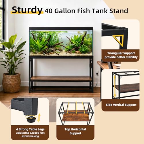 40 Gallon Tank Stand with Power Outlets - Heavy Duty Metal Fish Tank Stands for Turtle Reptile Terrarium, 2-Tier Aquarium Stand with Adjustable Wood Storage Shelf, 660LBS Capacity (Rustic Brown, 36.6"x18.5"x29")