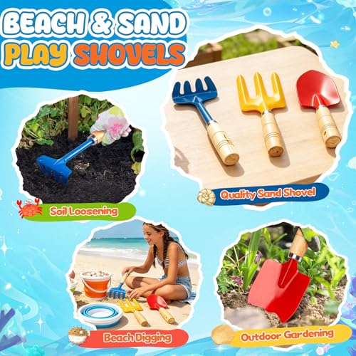Gardening Tools Set Foldable Beach Bucket with Metal Shovels for Adults, Collapsible Pails Sand Bucket for Basket Camping Gardening Fishing, Essential Travel Gadget 6PCS