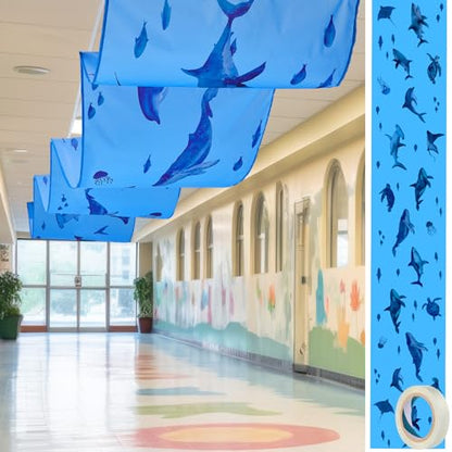 Under The Ocean Decorations Shark Whale Ceiling Decor Sea Animal Hanging Blue Fish Banner Covers with Tape 32 Inch x 16 ft for Summer Pool Baby Shower Birthday Party Classroom Wall Daycare - style: Shark