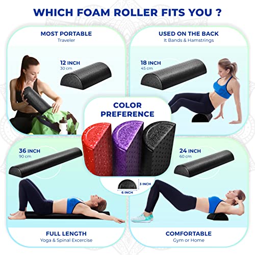Yes4All High-Density EPP Half Round Back Roller Foam, Exercise Foam Roller for Yoga, Pilates & Stretching - 12, 18, 24, 36 inch - color: Black, style: 18 inch