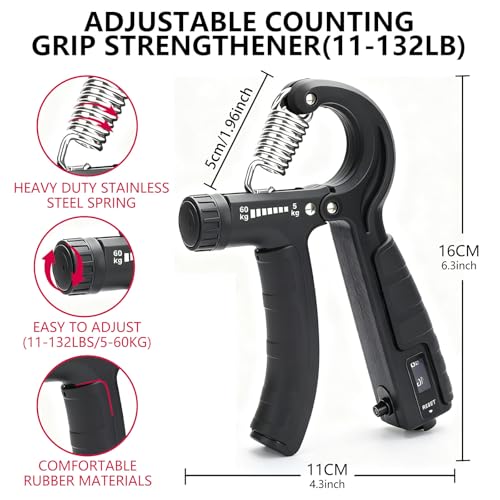 5-in-1 Grip Strength Trainer Kit with Counter, Adjustable Hand Grip(11-132 lbs), Finger Stretcher, Grip Ring & Stress Ball – Grip Strength Trainer for Adults, Home Gym, Arm Workout Equipment