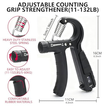 5-in-1 Grip Strength Trainer Kit with Counter, Adjustable Hand Grip(11-132 lbs), Finger Stretcher, Grip Ring & Stress Ball – Grip Strength Trainer for Adults, Home Gym, Arm Workout Equipment