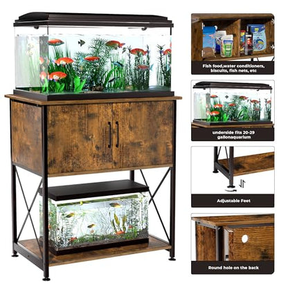 Herture 20-29 Gallon Aquarium Stand Metal Frame Fish Tank Stand with Cabinet Storage, for 20 Gallon Long Aquarium,30.7" L*16.5" W Tabletop,330LBS Capacity Rustic Brown and Black PG01YGN