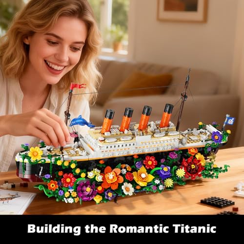 INSOON Botanical Titanic Ship Building Set with Lights, 1860 PCS Floral Display Model, Home Decor Building Kit for Adults, Unique Gift for Women, Flower and Titanic Lovers