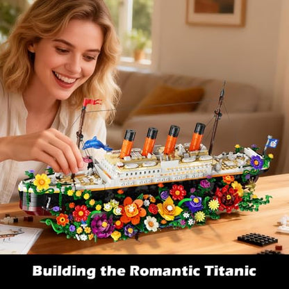 INSOON Botanical Titanic Ship Building Set with Lights, 1860 PCS Floral Display Model, Home Decor Building Kit for Adults, Unique Gift for Women, Flower and Titanic Lovers