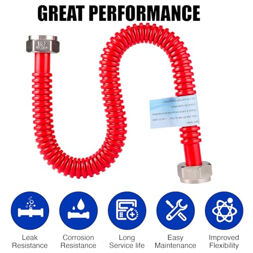 2 Pack, Upgrade Hot & Cold Water Heater Hose, 1" FIP x 1" FIP x 24 in Length Stainless Steel Corrugated Water Line Connector For Water Softener Tanks, Rubber Coating Red & Blue - size: red+blue 1"Fx1"F, 24"L(0.7"ID)