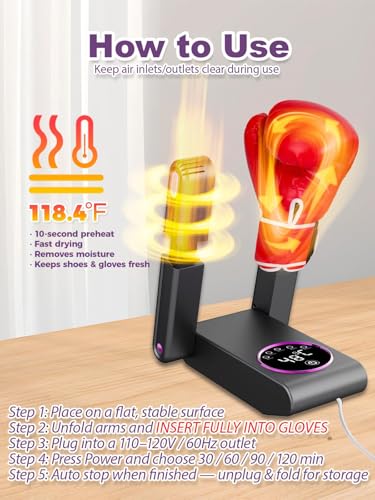 Boxing Glove Dryer with Smart Display& Storage Bag, Portable Glove Dryer& Moisture Remover, Constant Temperature Punching Gloves Dryer with Adjustable Heat& Timer for Home Gym(Black)