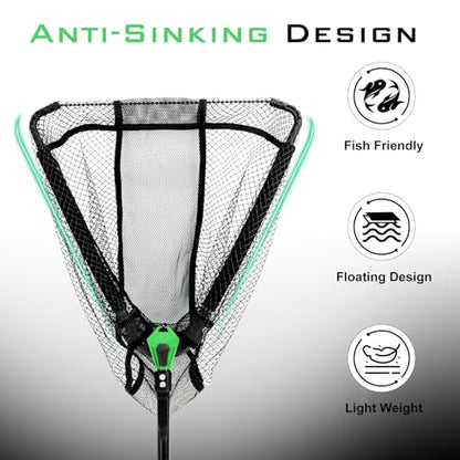 Floating Fishing Net Fish Landing Net - Upgraded Design Foldable & Lightweight Freshwater Fishing Landing Net, Ultra-Thin Rubber Fish Net Easy Catch and Release, Fishing Gifts for Men - color: Green 15"/38cm Hoop Size (Extendable)