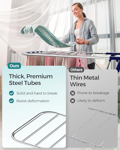 SONGMICS Clothes Drying Rack, Foldable 2-Level Stee Laundry Drying Rack - color: Silver + Blue, size: 2 Tiers（22"d x 61.8"w x 64.3''h )