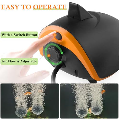 4W 110GPH Powerful Aquarium Air Pump, Quiet 2-outlets Aquarium Aerator, Adjustable Fish Tank Air Pump with Accessories, for 20-200 Gallon Tank, with ON/Off Button