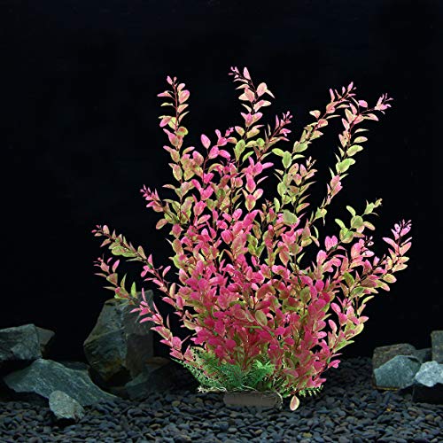 18 Inch Artificial Aquarium Plants, Red Rhodo Plastic Fish Tank Decorations, Safe for Freshwater & Saltwater, Non-Toxic Stone Base Ornament for Betta Fish Tank