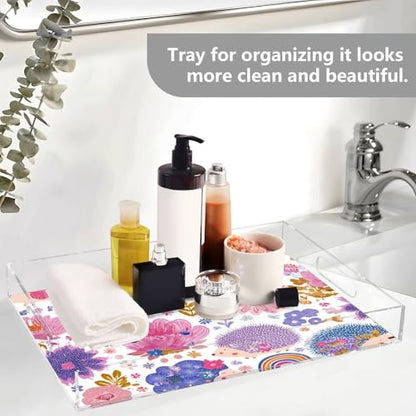 Acrylic Tray Clear Serving Vanity Ottoman Bathroom Coffee Table Countertop Organizer Raised Edge Spill Proof Hedgehog and Floral Pink - color: Hedgehog and Floral Pink