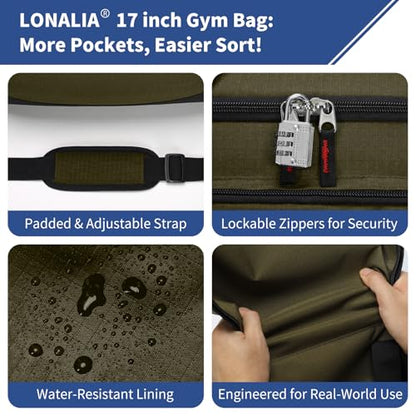 30L Gym Sport Duffle Bag, 17 inch, Olive Green - color: Olive Green