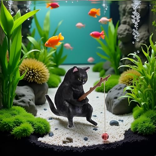 BWESOO Black Fish Tank Landscaping Cartoon Fishing Cat Ornaments Aquarium Accessories Household Supplies Home Office Decorations Fishing Cat Figurine Aquarium Décor Thematic Ornaments