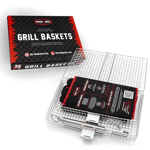 AVIEUS GRILL Grill Baskets for Outdoor Grill | 2 Grilling Baskets with Detachable Handle | Barbecue Grill Set with BBQ Gloves | Portable Camping Net Rack Perfect for Vegetables, Seafood & Meat