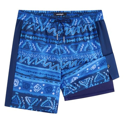 maamgic Mens Swim Trunks - Mens Bathing Suit with Compression Liner 7 Inch Quick Dry Fshion Stretch Zipper Pockets Swimwear - color: 2-navy Blue-navy Blue-layered Pattern, size: X-Large