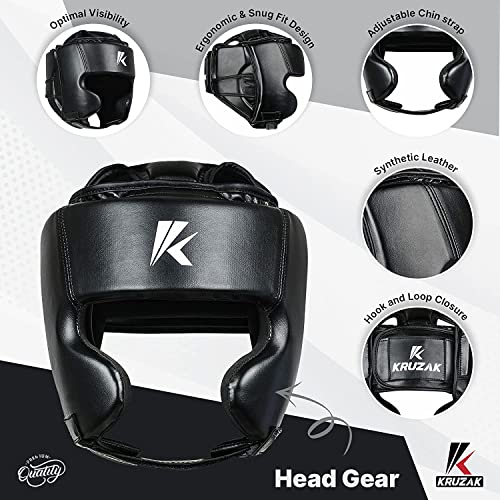 Kruzak Unisex Boxing Headgears - MMA Training, Adjustable Padded, Kara,Muay Thai Headgear, Kickboxing, Sparring, Martial Arts, Karate, Taekwondo MMA Body Equipment - color: Black, size: Large-X-Large