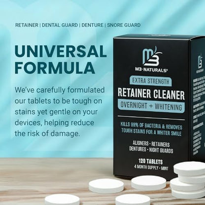 Overnight + Whitening Retainer Cleaner Tablets, Mint, 4 Month Supply by M3 | Compatible with Retainer Cleaner Machine & Ultrasonic Retainer Cleaner, Helps Remove Tough Stains, Buildup, Odors & Plaque - size: Overnight Whitening (120 Count)