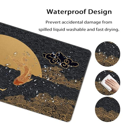 Waterproof Large Gaming Mouse Pad 31.5x15.7 Inch, XXL Mousepad with Non-Slip Rubber Base & Stitched Edges, Extended Desk Mat for Computer/Laptop/Office,Japanese Koi Fish