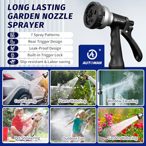 AUTOMAN-Garden-Hose-Nozzle, 2 Pack ABS Water Spray Nozzle, 7 Adjustable Watering Patterns, Slip Resistant for Watering Plants, Lawn& Garden, Washing Car, Showering Pets & Outdoor Fun.Silver Color - color: Silver ×2