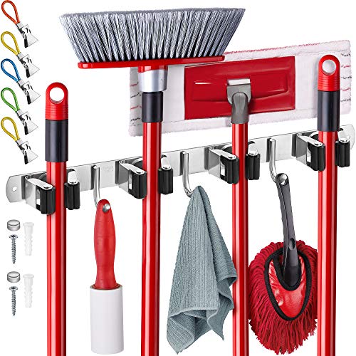 Wall Mount Hanger for Brooms & Mops - Adhesive Stainless Steel Mops & Broom Holder, 4 Clamps, 3 Hooks, & 5 Towel Hanger Clips Including Mounting Hardware for Utility Room Organization - style: 1-Pack