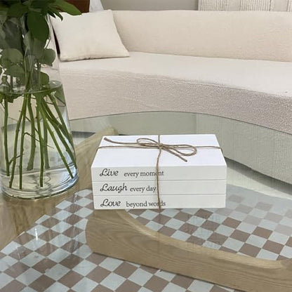 Decorative Books for Home Decor, White Faux Books for Decoration, Rustic Farmhouse Stacked Display Books with 52in Wood Bead Garland for Coffee Tables Living Room, (Live Laugh Love) - style: Live Laugh Love