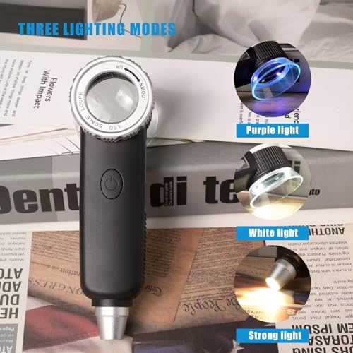 30X Jewelry Loupe with 7 Light, USB Rechargeable Foldable Handheld Magnifying Glass with Jade Appraisal Flashlight for Jewelry Appraisal, Coins, Gemstones