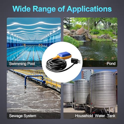 Sump Pump Universal Tethered Float Switch AC 15A 110~250V Piggyback Style Plug with 10 Feet Cord, Used in Sewage Pump, Water Tank, Septic Tank Pump, etc.