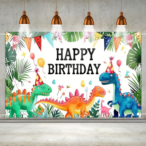 Dinosaur Birthday Party Banner 71x43 Inch Colorful Dino Party Decoration for Kids BoysGirls Jungle Prehistoric Theme Birthday Celebration Supplies with Balloons and Tropical Leaves - color: Jungle Dinosaur