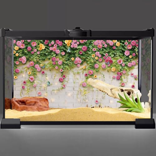 AWERT 36x18 inches Glitter White Brick Wall Aquarium Background with Pink Flowers, Plant Leaves, Spring Garden Scenery for Fish Tank & Reptile Habitat, Vinyl Material - size: 36x18in/90x45cm