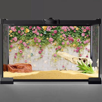 AWERT 30x18 inches Glitter White Brick Wall Aquarium Background Pink Flowers Plant Leaves Spring Garden Scenery Fish Tank Background Reptile Habitat Background Vinyl Background - size: 30x18in/75x45cm