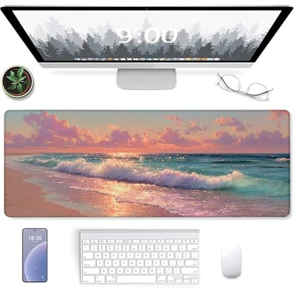 Sea View Gaming Mouse Pad 24x12in, Large Desk Mat Sunset, Mousepad with Stitched Edges, Gaming Accessories, Mouse Pad with Non-Slip Rubber Base, Office Accessories Keyboard Mat, for PC Laptop N-9485