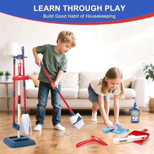 Toddler Toys Cleaning Set, Kids Cleaning Toy Stand Set, Pretend Play Home Cleaning Tools Toys Playset，Broom, Dustpan, Mop, Duster - color: Cleaning Stand Set