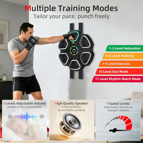 Abahub Music Boxing Machine for Adults & Kids - 11 Modes & Bluetooth Boxing Punch Machine, Home Fitness Equipment with Gloves, Wall Mounted Interactive Boxing Target, Nice Gift Choice - color: Colorful Light, style: Circular
