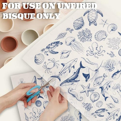 PLIGREAT 5 Pcs Sea Animal Underglaze Transfer Paper, 20.5x14.6in Blue Ceramic Decals Starfish Shark Turtle Under Glaze Transfers Art DIY Sticker for Pottery Enamel Decals DIY Handicraft Supplies - style: Sea Animal