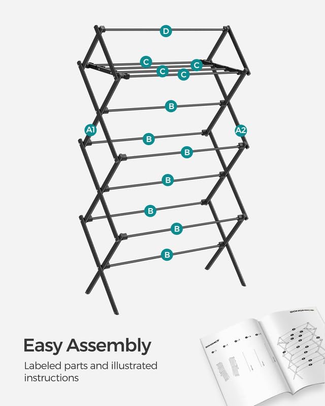 SONGMICS Foldable Clothes Drying Rack, 29.5 x 14.6 x 53.1 Inches - color: Black, size: 29.5" W