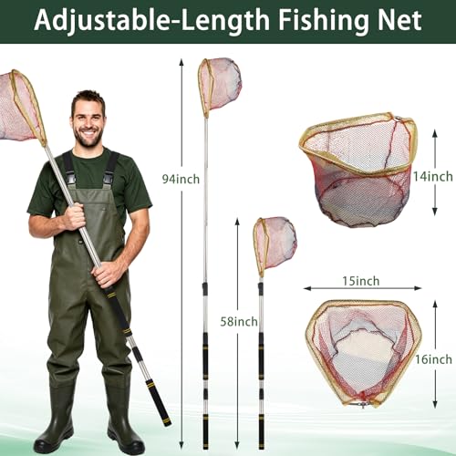 Fishing Nets, 58-94" Fishing Landing Net Telescoping for Riverbank Fishing Shrimp catching and Debris Removal Fishing Net Foldable