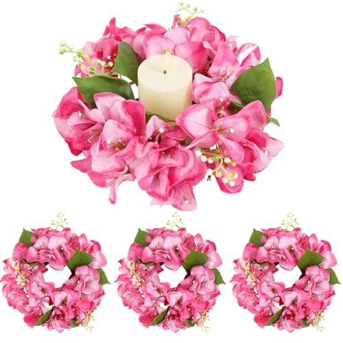 4PCS Pink Artificial Flower Candle Rings Realistic Bougainvillea Candle Wreath Rings Silk Fake Flowers for Spring Summer Party Wedding Table Centerpiece Valentine's Day Wall Door Home Decor (Pink) - color: Pink