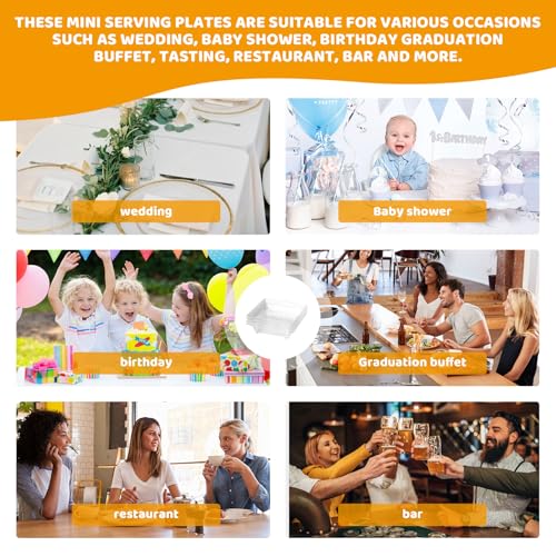 100 Pack 1 oz mini Square Dessert Plates for Appetizers，Mini Plastic Plates with Spoons，Reusable Square Small Party Serving Bowls for Trifle, Cheesecake, Ice cream