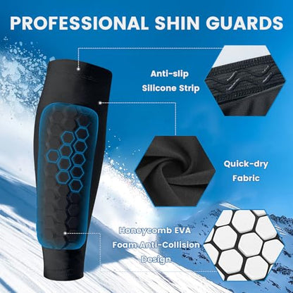 Soccer Shin Guards Ski Guards Gel Pads Shin Defender Shin Guards for Kids Youth Adult, Calf Compression Sleeve with Honeycomb Pads for Football & Skiing - size: Large