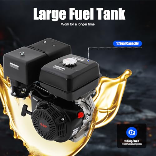 15HP 4-Stroke Gas Engine 420cc OHV Single Cylinder 9700W Max Power 3600rpm Air Cooling Hand Pull Start Low Fuel Consumption with 1.43gal Fuel Tank & Oil Alarm for Compressor, Lawnmower, Go Kar