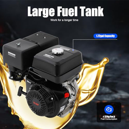 15HP 4-Stroke Gas Engine 420cc OHV Single Cylinder 9700W Max Power 3600rpm Air Cooling Hand Pull Start Low Fuel Consumption with 1.43gal Fuel Tank & Oil Alarm for Compressor, Lawnmower, Go Kar