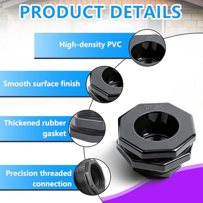 2 Pcs 2 Inch PVC Bulkhead Fitting (NPT Threads), Heavy-Duty Plumbing Water Tank Connector Kit with Reinforced Seals for Rain Barrels, Water Tanks, Aquariums, Tubs, Pools