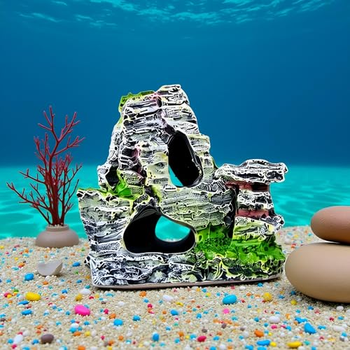 Artificial Moss Rock Aquarium Stone Cave, Resin Fish Tank Decor for Hiding and Landscaping, Small Mountain Terrain Ornament, Natural-Looking Habitat for Fish, Shrimp, and Reptiles, Decoration