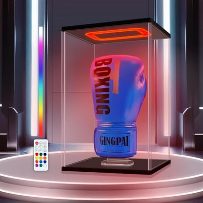 Boxing Glove Display Case with Lights, Clear Acrylic Showcase with Black Base & Holder for Single Glove, Full Size UV Protection Souvenirs & Collectibles Box, Ideal Gift for Boxing Fans