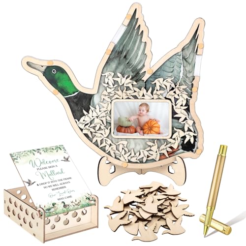 63 Pcs Mallard Duck Baby Shower Guest Book Alternatives Set Baby Shower Decorations with Photo Frame Sonogram Frame Keepsake 60 Wood Slices Guest Book for Birthday - color: Green, style: Mallard Duck