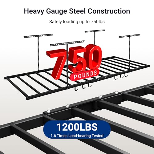 FLEXIMOUNTS 4x8 Overhead Garage Ceiling Storage Rack with 6 Hooks, Black | 750lbs Capacity, 22.6"–39.4" Adjustable Dropdown, Heavy-Duty Metal Ceiling Racks, Storage Organization System, Lite Series - color: Black