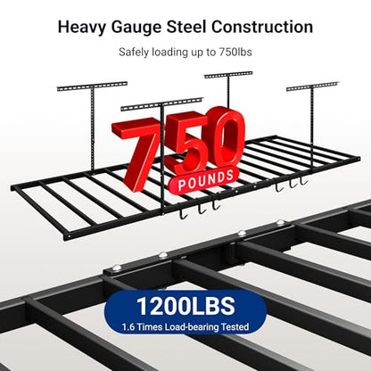 FLEXIMOUNTS 4x8 Overhead Garage Ceiling Storage Rack with 6 Hooks, Black | 750lbs Capacity, 22.6"–39.4" Adjustable Dropdown, Heavy-Duty Metal Ceiling Racks, Storage Organization System, Lite Series - color: Black